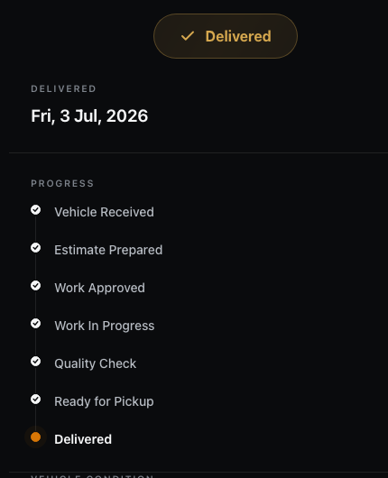 Live Upshift Autos job tracking timeline showing each stage from vehicle received to delivered