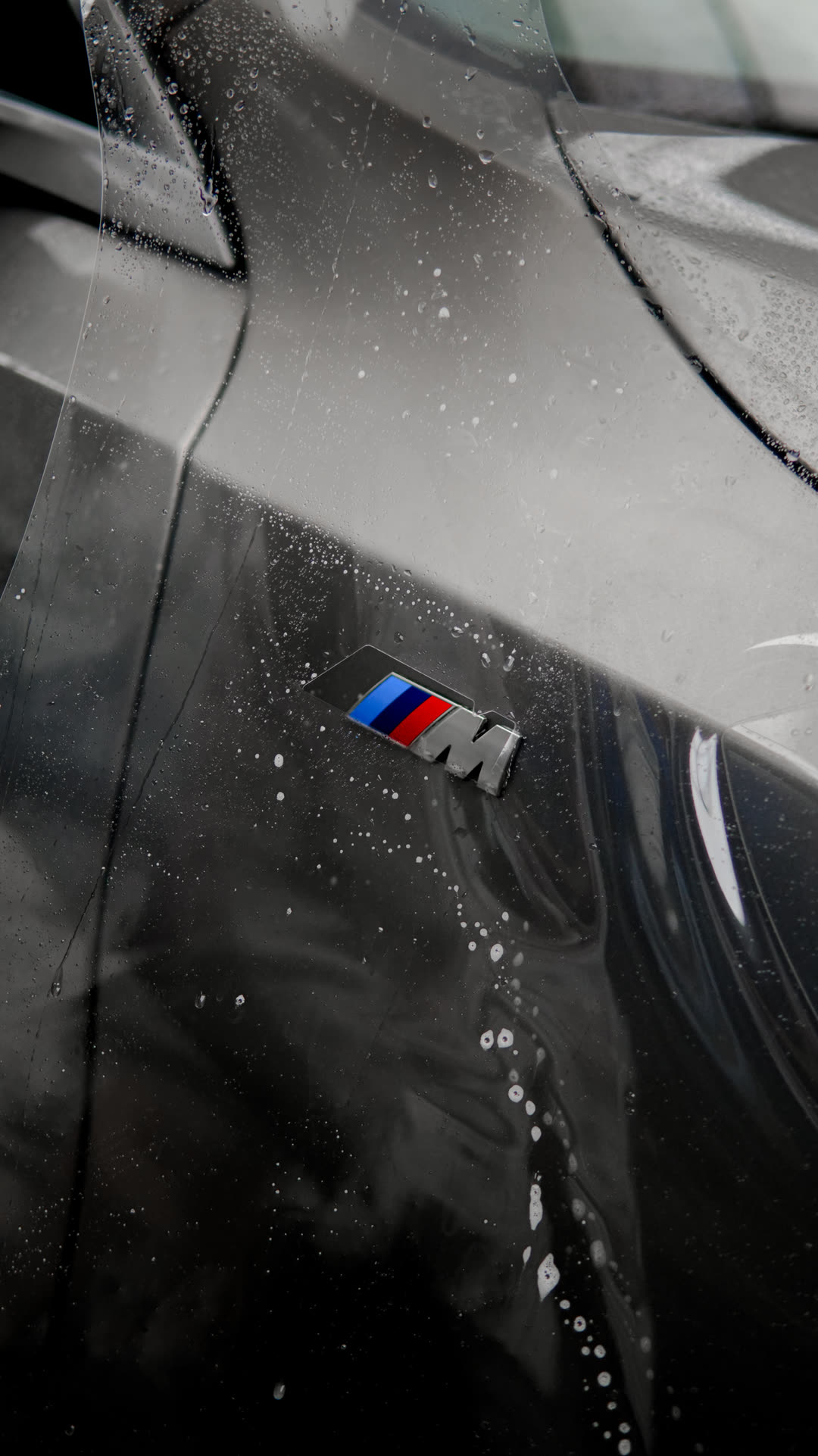 Water beading on the coated paint around the M badge of a grey BMW