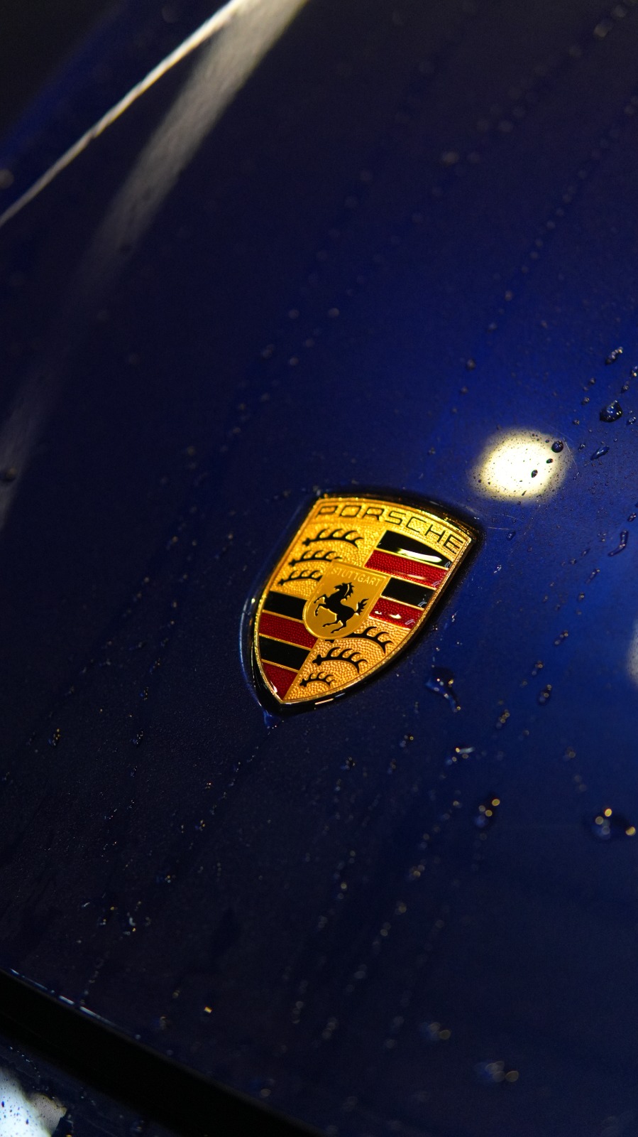 Close view of the Porsche crest on the deep blue Taycan's bonnet, with water beading on the paint.